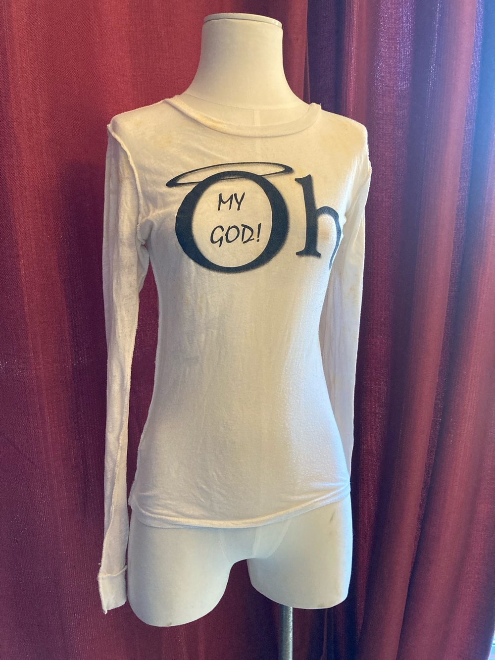 Karma White Graphic Long-Sleeve Tee - "Oh My God!" Distressed look.